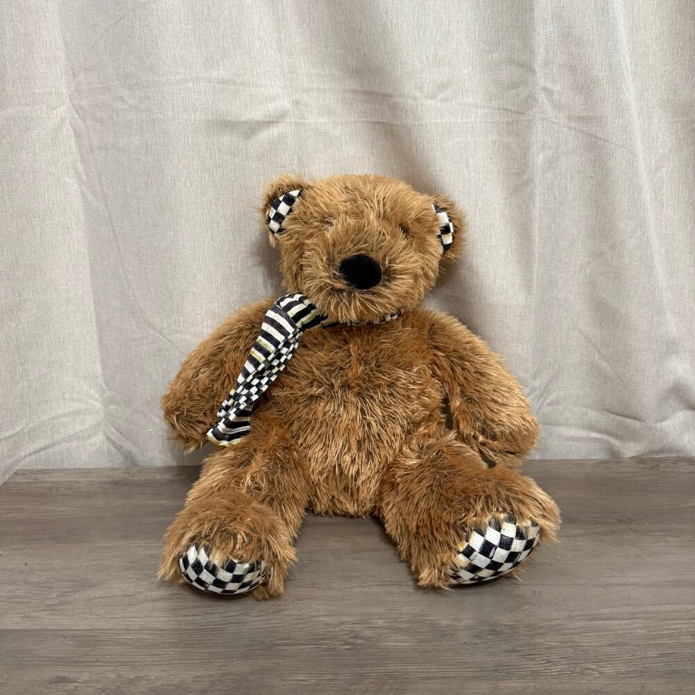 MacKenzie Childs 17” Mack Boy Teddy Bear Soft Brown Plush Courtly Checked Bow